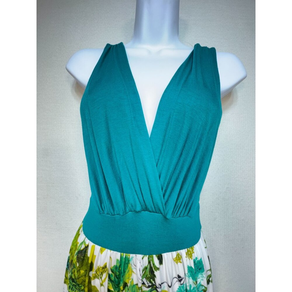 Gilli Teal & Floral Maxi Dress - Sleeveless V-Neck - Chic Beach Stunning - USA - Picture 2 of 15